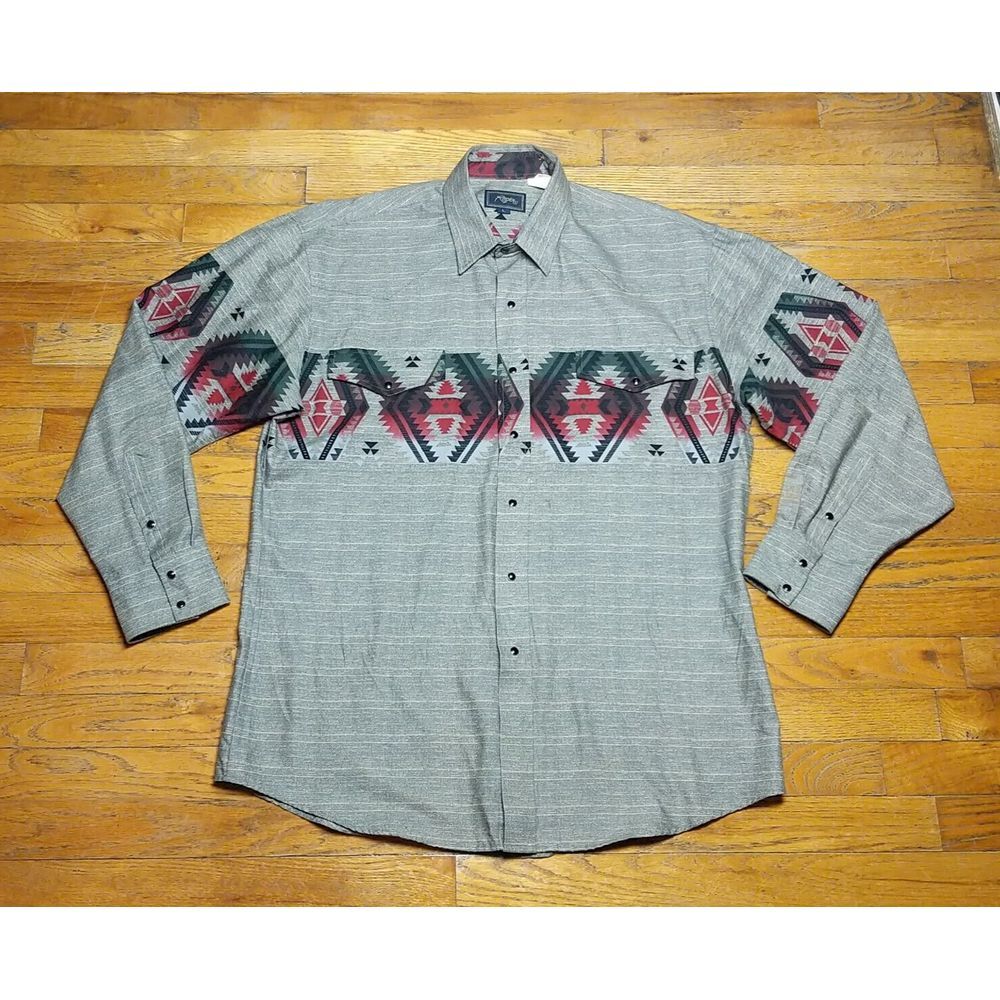 Roper Gray Button-Down Shirt with Red and Green Geometric Stripe